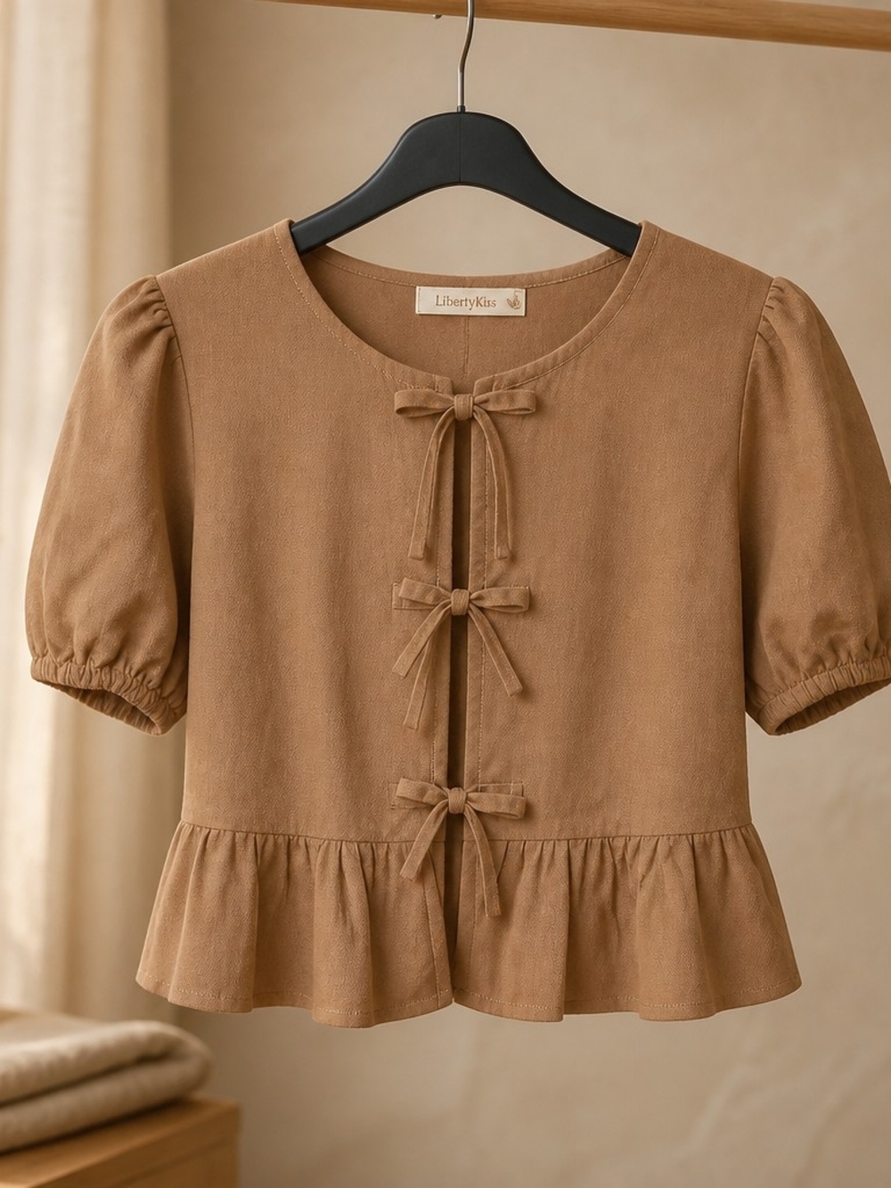 liberty Women's Tan Tie-Front Peplum Top